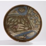 Bernard Forester pottery bowl, the central field with sun, flowers, fish and birds, 32cm diameter