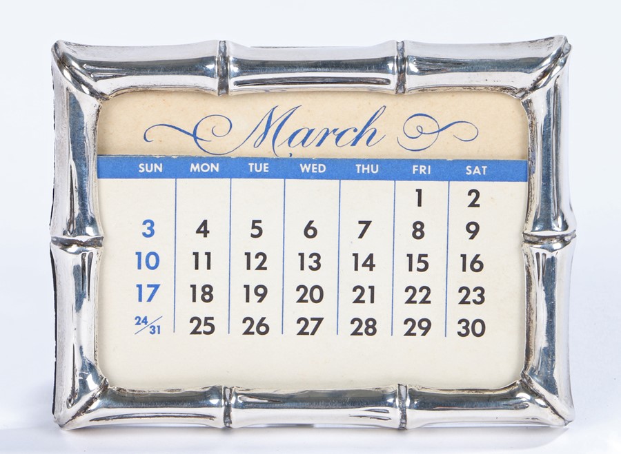 Tiffany & Co sterling silver desk calendar, with bamboo effect frame, 10cm by 7cm