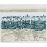 Charles Bartlett, "Mooring Lines", limited edition etching, numbered 6/60, housed in a light oak