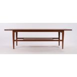 G-plan style coffee table, with curved ends, on square tapering legs united by a flattened