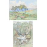 FEP, two watercolours depicting landscape scenes featuring a waterfall and trees on a hillside,