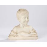 20th Century marble carving depicting a smiling young boy with wavy hair, 18cm high
