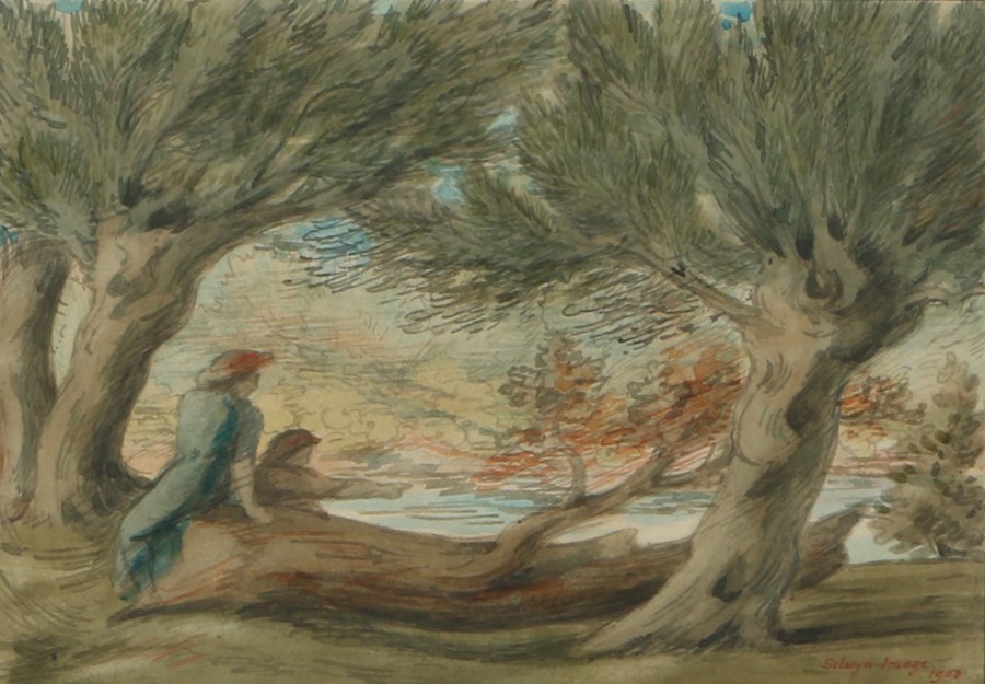 Selwyn Image, (1849-1930) Figures by a river, signed watercolour, 30cm x 21cm, Abbott and Holder