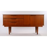 G-plan style teak sideboard with three drawers and fall-front cupboard, on tapering legs, 151cm