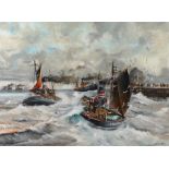 Ernie Childs (B1948), "crossing the bar Gt Yarmouth", signed oil on canvas, titled to the reverse