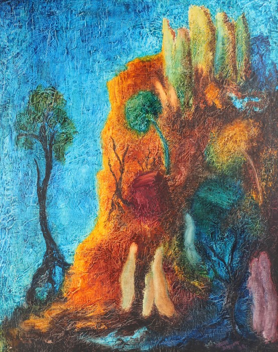 Moira Doggett (B1927), landscape scene with figures outside a cave, oil on canvas, housed in a light