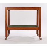 Mid 20th Century teak tea trolley, with two removable plastic trays, on square legs and castors,