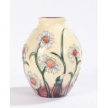 Moorcroft Moon Daisy (red) pattern vase, the bulbous body with red rose decoration on a cream