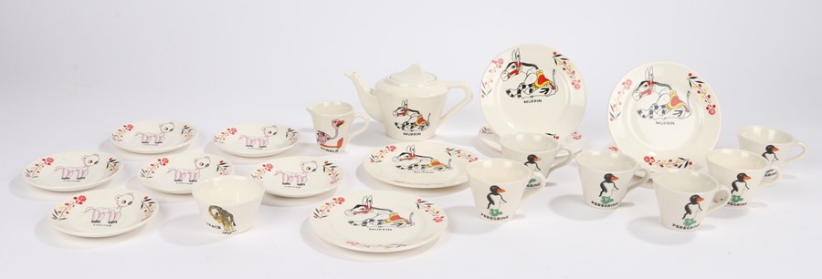 Muffin the Mule pottery child's tea service, to include cups and saucers, plates, milk jug, sugar