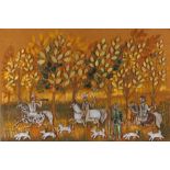 Marie Whitby, painting on hessian, a woodland scene with raised pottery depictions of figures on