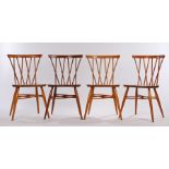 Set of four Ercol light blond elm and beech candlestick dining chairs, with curved cresting rails,