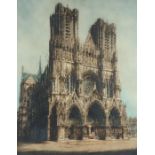 William Monk (1863-1937), Notre Dame Cathedral, signed etching, housed in a scroll decorated gilt