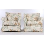 Pair of 20th Century armchairs, upholstered in a Liberty autumnal leaves pattern material, on turned