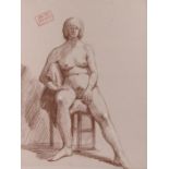 John Hall (1921-2006), charcoal and white chalk drawing on paper of a seated female nude, with "John