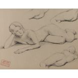 John Hall (1921-2006), charcoal studies on paper of a reclining female nude, with "John Hall 1921-