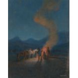 Odon Edmund Miklosi-Mutschenbacher (1881-1942), figures and horses around a campfire with hills to