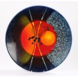 Alan Clarke studio hand painted plate, "Timeslip", the central field with orange, blue and red