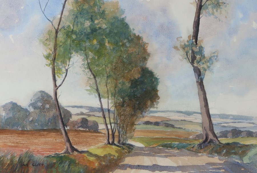 Ian Scott, Trees by a road, signed watercolour, 49cm x 33cm