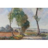 Ian Scott, Trees by a road, signed watercolour, 49cm x 33cm