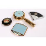 Collection of 4x compacts; a light blue enamel Swiss made musical compact shaped as a hand mirror