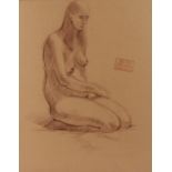 John Hall (1921-2006), red chalk study on paper of a kneeling female nude, with "John Hall 1921-2006