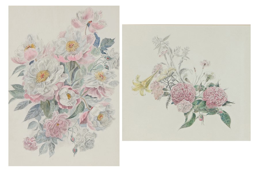 Attributed to Cecil Mary Leslie (1900-1980), "Paeonies", watercolour and pen, housed in a silvered
