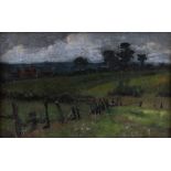 Oil on board "W. Newcastle Staffs", landscape with broken fence to the foreground, unsigned,