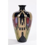 Moorcroft The Hamlet pattern vase, the slender neck above a bulbous body with stylised house and