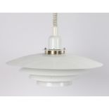 White hanging lamp, formed from four graduated metal shades, 44cm diameter