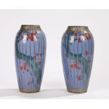 Pair of porcelain vases, the blossoming branch decorated bodies with white metal basket weave and