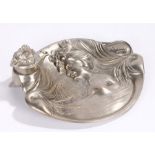 Art Nouveau style pewter desk stand, decorated with a maiden amongst waterlilies, the inkwell with