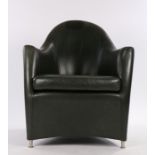 1970's black leather upholstered armchair, with down swept arms, shaped seat cushion, on chrome