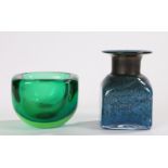 Murano blue glass vase with mottled body, 12.5cm high, green glass bowl, 8.5cm high