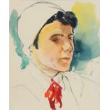 Imre Goth (1893-1982) portrait of a lady wearing a white hat and red neckerchief, unsigned, housed