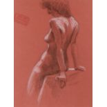 John Hall (1921-2006), charcoal and white chalk study on red paper of a seated female nude, with "