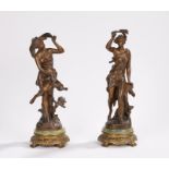 Pair of spelter figures after Ernest Justin Ferrand, Coup de vent and Coup de Soleil, on onyx and