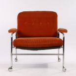 Mid 20th Century armchair, with burnt orange corduroy button back and seat, upholstered arm rest,