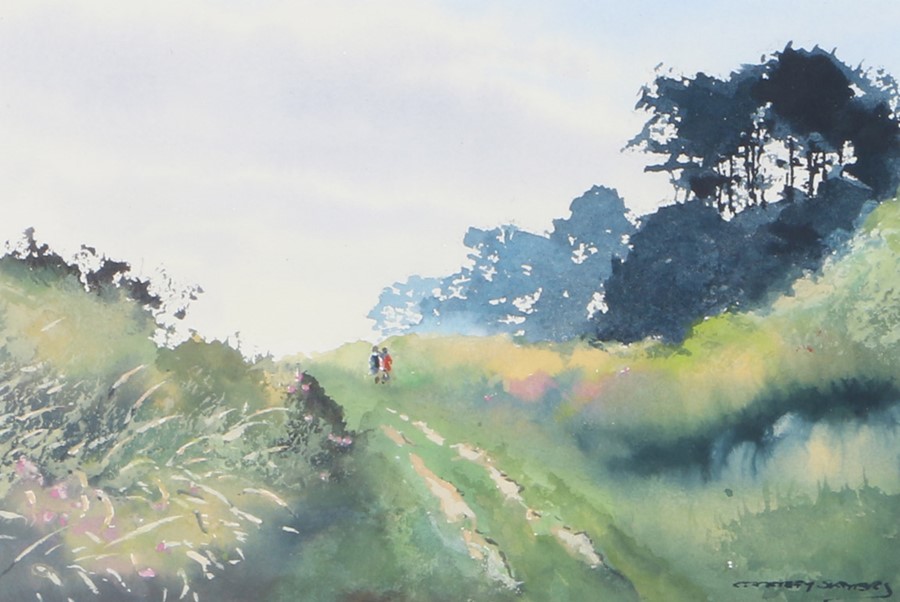 Godfrey Sayers, two figures on a rural footpath, signed watercolour, housed in a white painted and