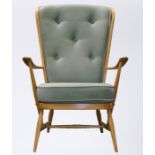 Ercol elm high back armchair, with fitted button back cushion and seat cushion, curved arms on