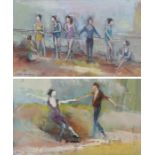 Mark Randall, "Partners at practice" and "Between lessons", two signed oils on board, housed in gilt