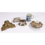 Four inkwells, plated dish, small blue and white cup (6)