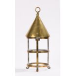 Arts and Crafts brass hanging lantern, with ring finial above a tapering top and open lower section,