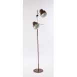 1970's floor standing lamp, with two adjustable arms each with a brown painted shade, 135cm high