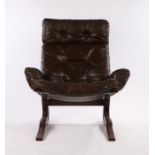 1970's brown leather 'Siesta' upholstered armchair in the style of Ingmar Relling for Westnofa, with