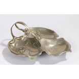 Art Nouveau style plated trefoil dish with leaf decorated loop handle and embossed foliate