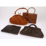 Four brown leather vintage bags: a clutch bag with hand strap & an integral two-tone purse & matched