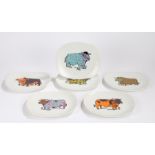 Set of six Beefeater steak and grill English ironstone plates, each decorated with a stylised cow (