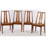 Set of four Nathan teak dining chairs, with pierced splat backs, brown leather seats, on square