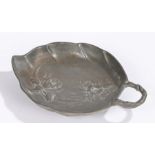 Kayserzinn Art Nouveau pewter dish, of leaf form with raised foliate decoration, cast mark to base