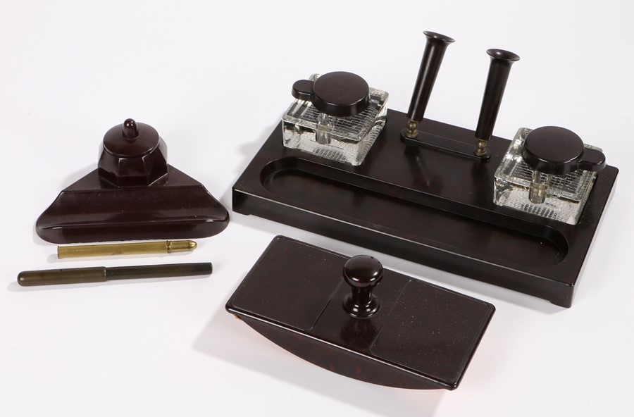 Abex moulding desk stand, with two glass inkwells, two adjustable pen holders and pen tray, desk